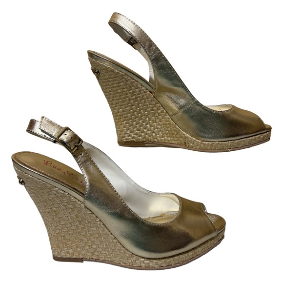 Lilly Pulitzer Kristin Slingback Peep Toe Metallic Gold Wedge Sandals - Picture 6 of 10